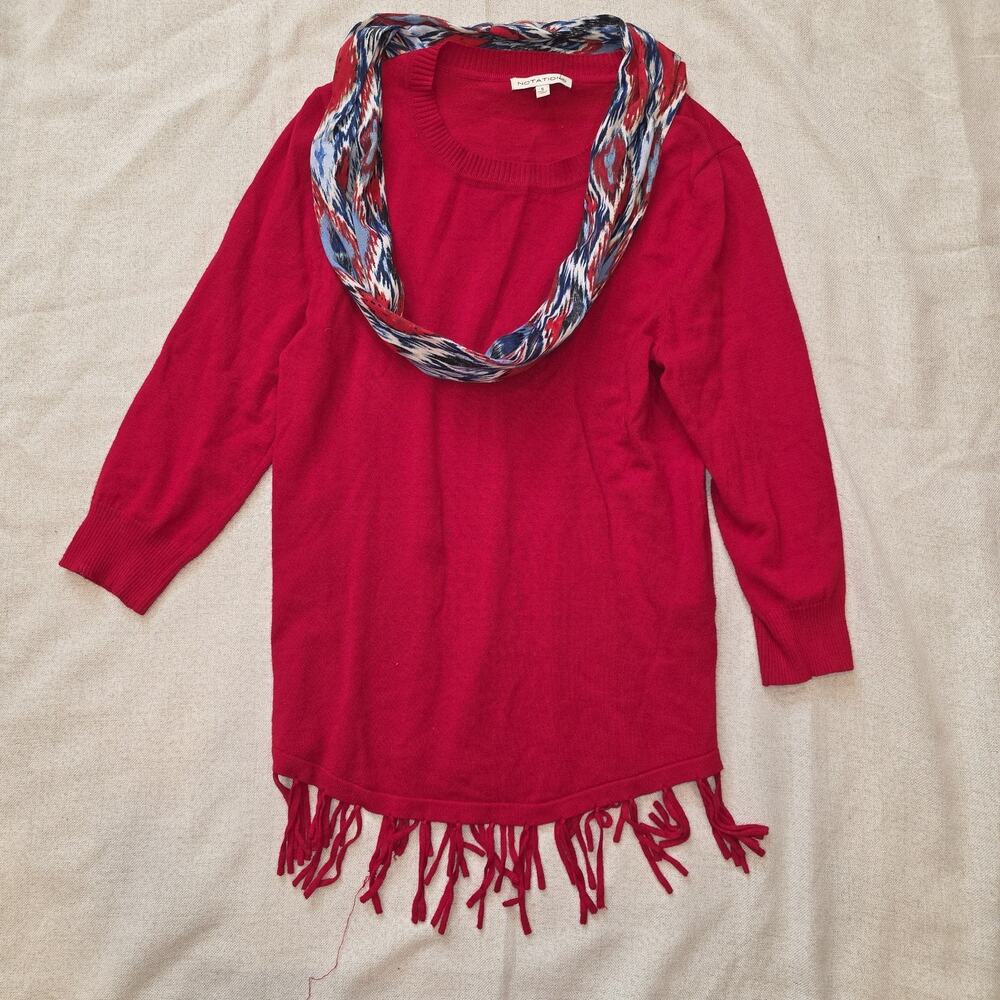 NWOT notations Y2k‎ Red Fringed Hem Sweater With Attached Scarf Sz S